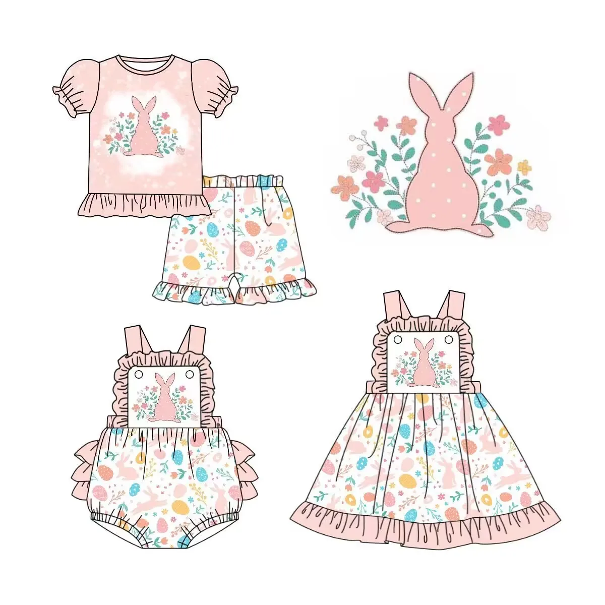 

Easter New hot sale girls clothes Puff sleeve suits and slip dresses collection Easter bunny and eggs pattern print