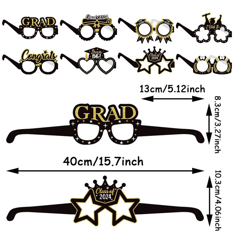 8pcs Graduation Party Decorations 2024 Paper Glitter Glasses Happy Graduation Grad Photo Booth Props Party Graduation Gift