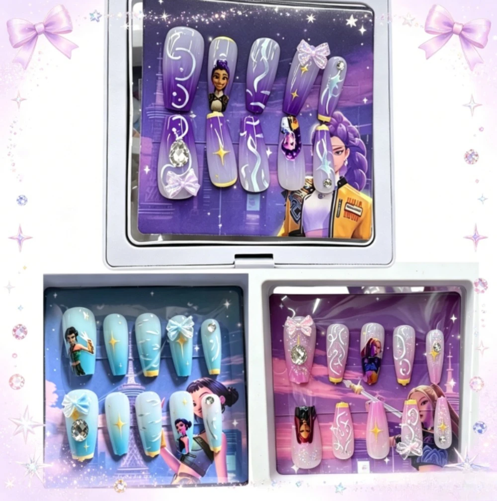 

Long & Short Korean Press On Nails With Rhinestones,Girl Group Cartoon Reusable Fake Nails,Cute Manicure Gifts For Various Party
