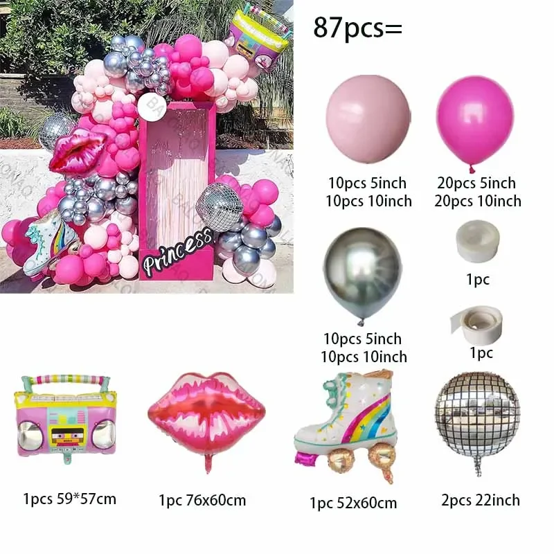 87pcs Radio Roller Skates Foil Helium Balloons for 80s 90s Princess Birthday Party Decorations Inflatable Air Globos Supplies