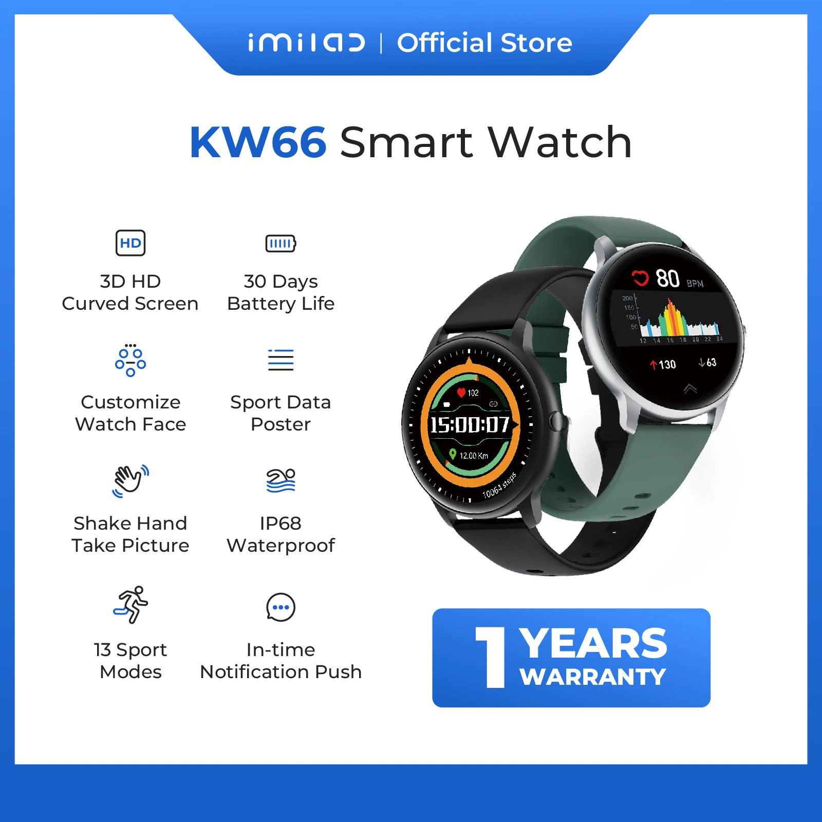 Original IMILAB KW66 Smart Watch Man Women 1.28” 3D HD curved Screen Sports Heart Rate Sensor 24h Bio Fitness Tracker Smartwatch