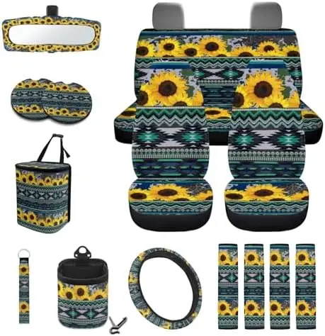 

Wanyint Aztec Sunflower 15-Piece Car Accessories Set – Universal Seat Protector, Steering Wheel Cover & More