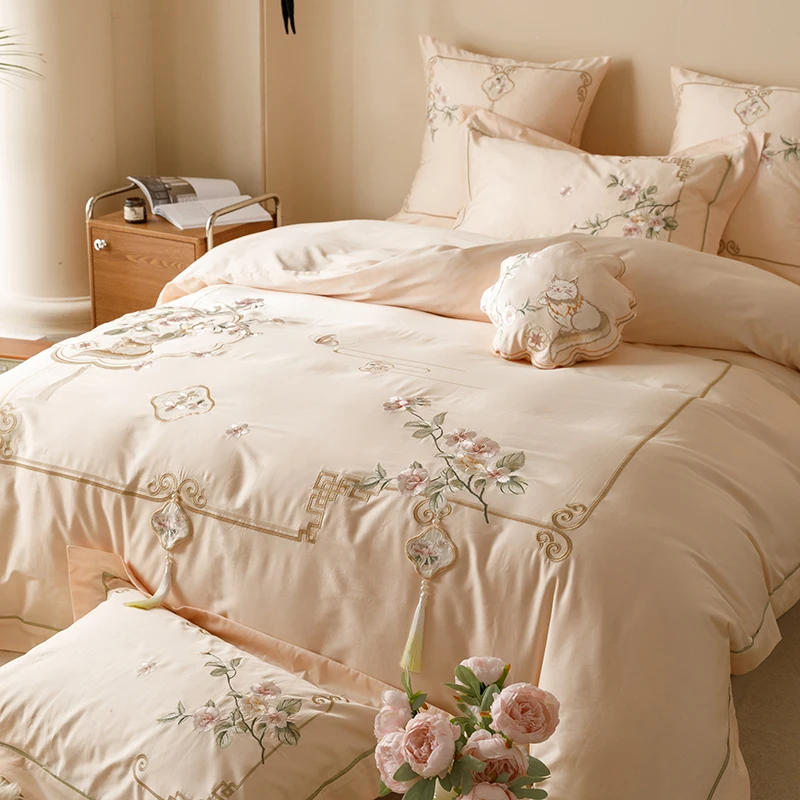 Chinese Style Flowers Embroidery 1000TC Egyptian Cotton Bedding Set 1 Duvet Cover, 1 Flat/Fitted Bed Sheet, Only 2 Pillowcases