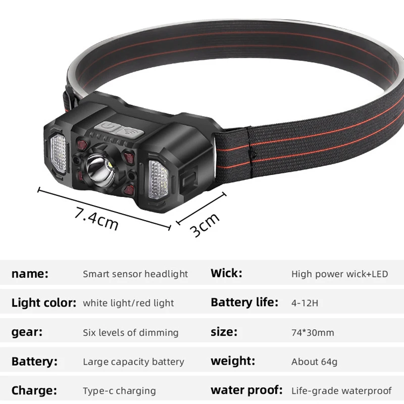 COB LED Induction Headlamp with Red Light Warning Rechargeable Head Flashlight Outdoor Camping Fishing Super Bright Headlight