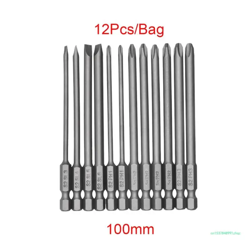 12pcs/set Alloy Steel Slotted Screwdriver Drill Bits for Head 100mm for Extra Long Hand Tools