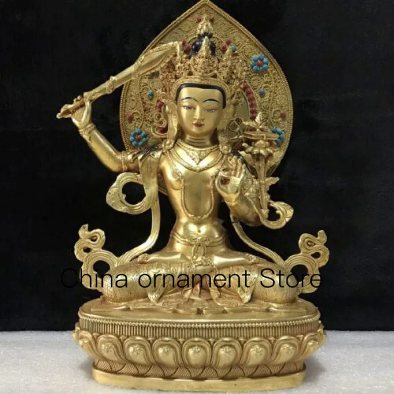 12-Inch 30cm Tibetan Buddhist Bronze Gilded Sword Manshu Bodhisattva/Buddha Statue