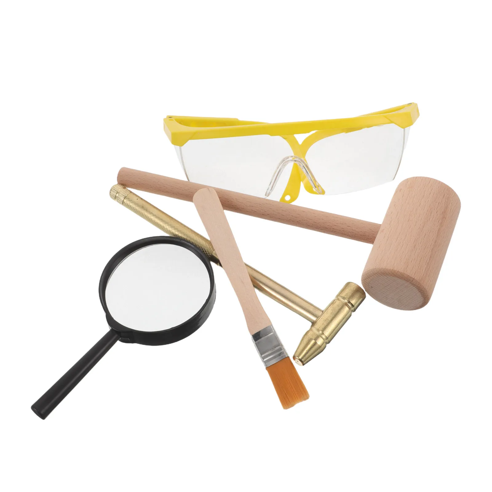 1Set Archaeological Digging Tool Set for Kids Wooden Hammer Safety Glasses Brush Magnifier Metal -on Exploration Kit