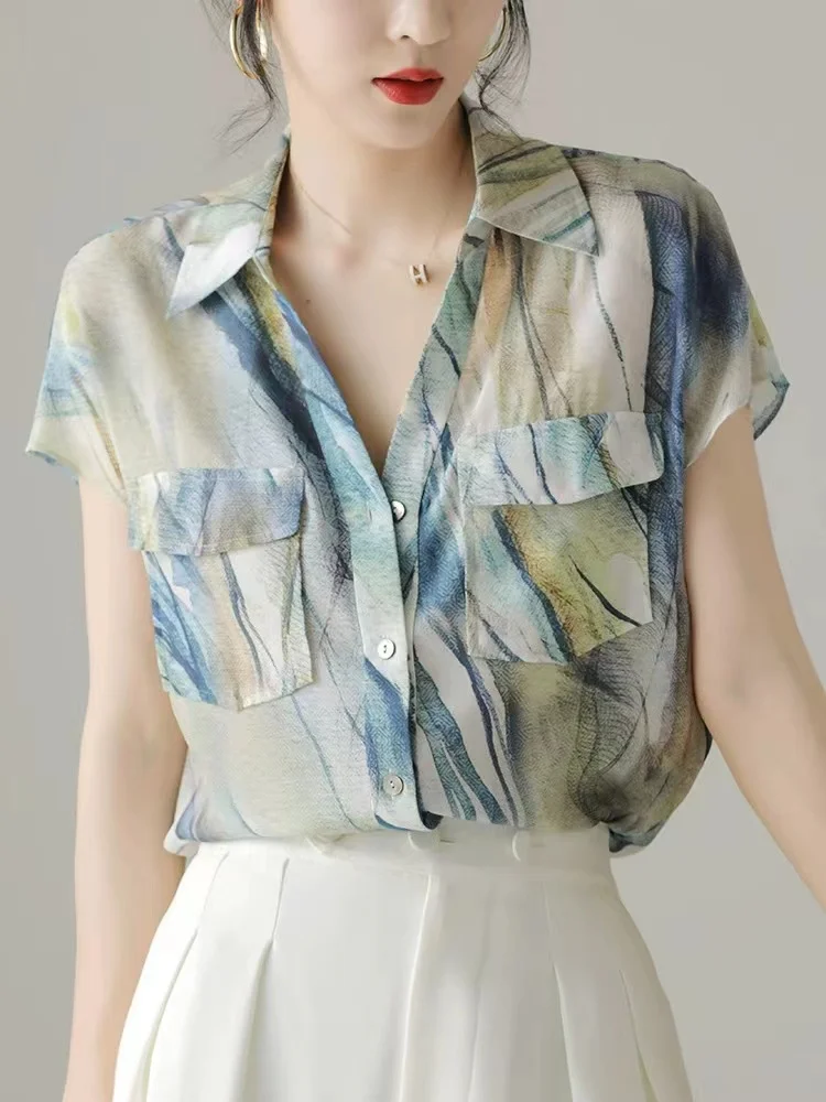 

Summer Vintage Blue Printed Turn-down Collar Blouses Tops Women Elegant Slim Short Sleeveless Single Breasted Shirt Streetwear