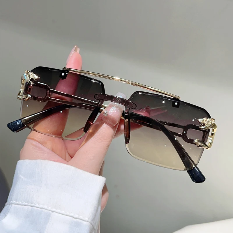 KAMMPT gafas de sol cuadradas sin montura para hombre, gafas de sol con gradiente de diseño de marca de lujo a la moda Vintage con doble puente para mujer
