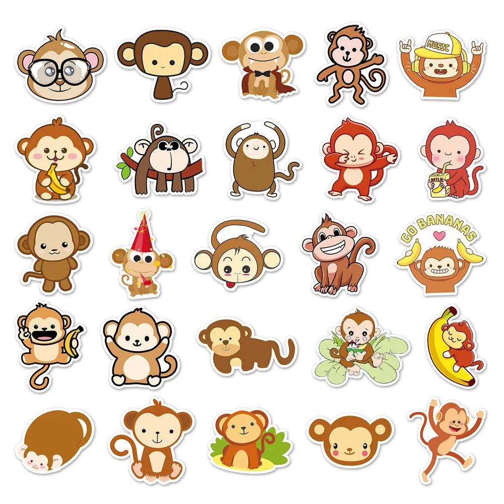 Cartoon Monkey Stickers for Stationery, Notebooks, Kraft Laptop, Cute Sticker Pack, Scrapbooking Material, Craft Supplies, 50Pcs