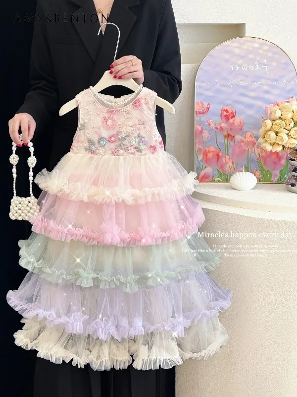 

Kids' Rainbow Tiered Tulle Dress Sleeveless Princess Cake Gown with Floral Embroidery Ideal for Summer Parties Birthdays Clothes