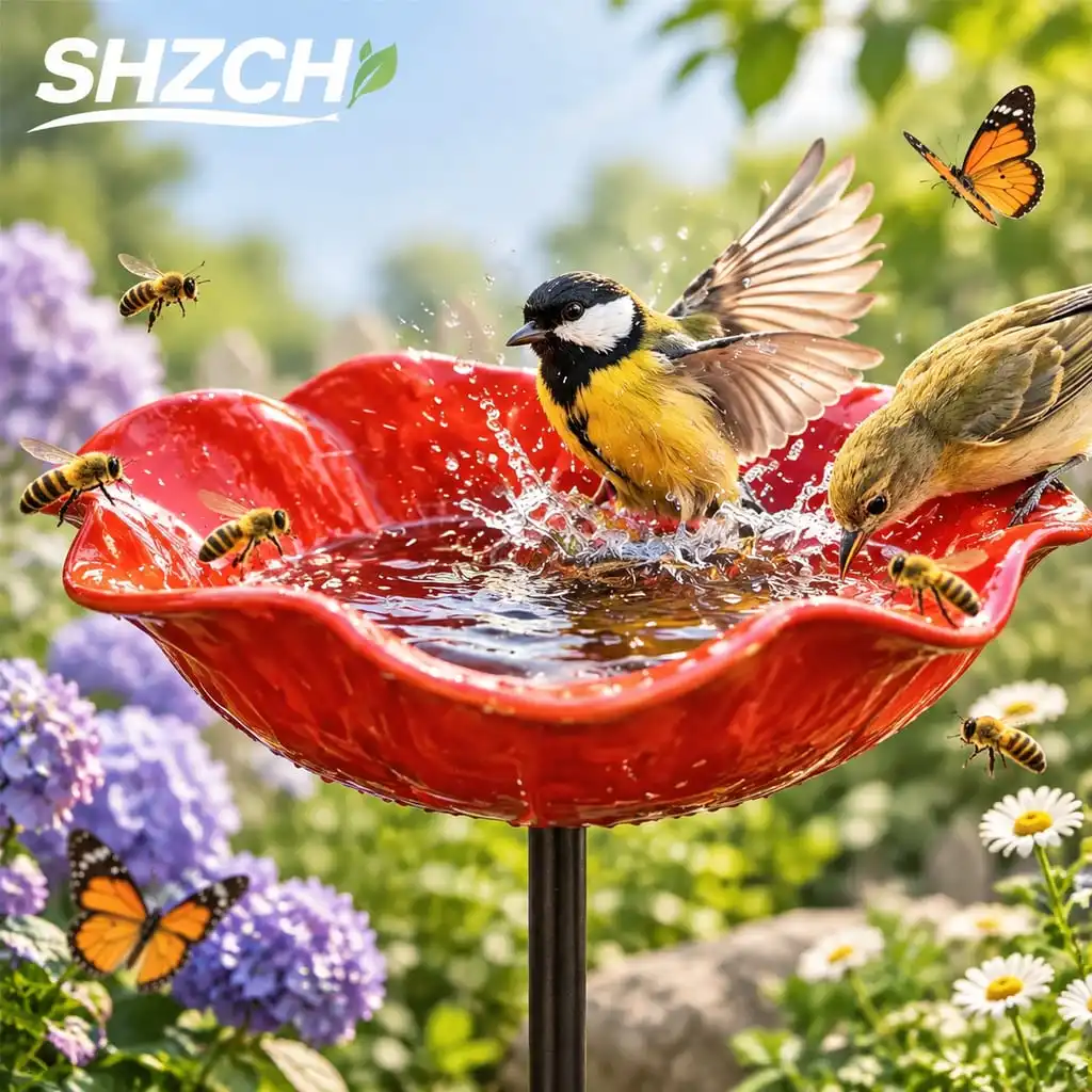 Flower Shaped Bee Watering Station Metal Flower Garden Stake Bird Bath Butterfly Water Feeder Garden Bee Bath Bowls for Outside