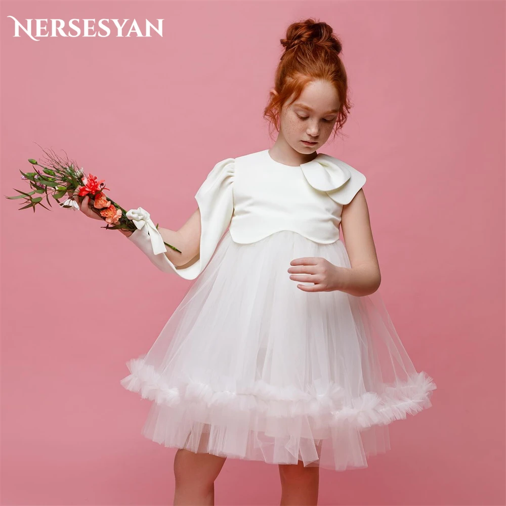 Nersesyan Elegant Pure Flower Girl Dresses For Wedding Cut Out Sleeve A-Line Tulle Birthday Party Gowns Draped Angel Occasional