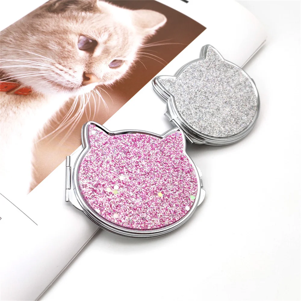 1 Pcs Cartoon Metal Mini Cat Mirror Portable Double-Sided Cosmetic Pocket Vanity Mirrors Folding Handheld Makeup Mirror Compact