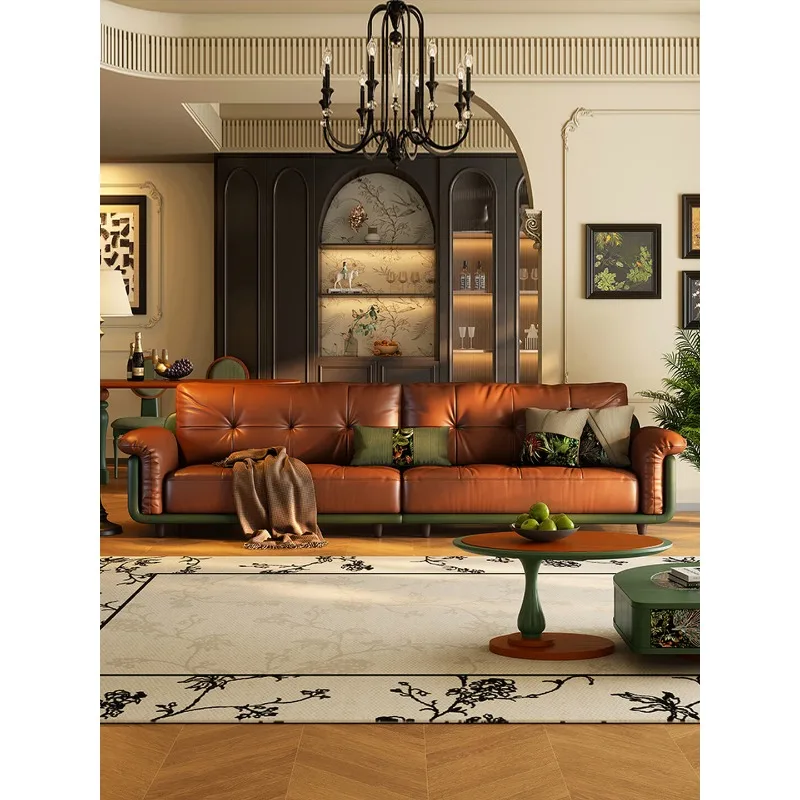 French retro leather sofa straight row, three-person middle-ancient first-layer cowhide sofa in the living room