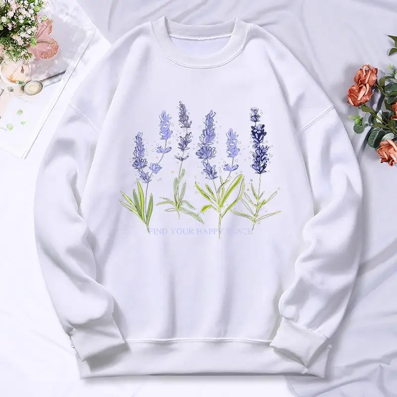 Beautiful Of Lavender Printing Women Hoodie Street Fleece Hoody Crew Neck Autumn Sweatshirt Hip Hop Oversize Clothing Female