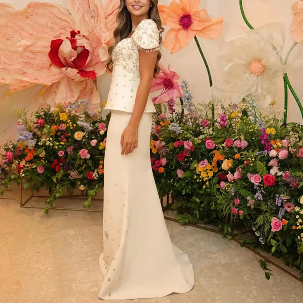 فستان حفلات الزفاف للنساء رقبة على شكل قلب وأكمام قصيرة كريستال حورية البحر طول الأرض فستان سهرة فاخر دبي مخصص