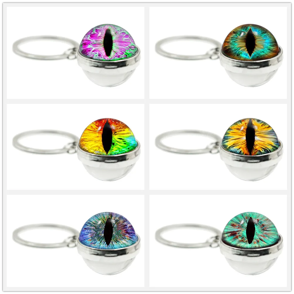 Vivid  Eyes Evil Green Eye20mm Glass Cabochon Double-Sided Keychain Beautiful Animal Dragon Cats Eye Keychain For Gift To Friend