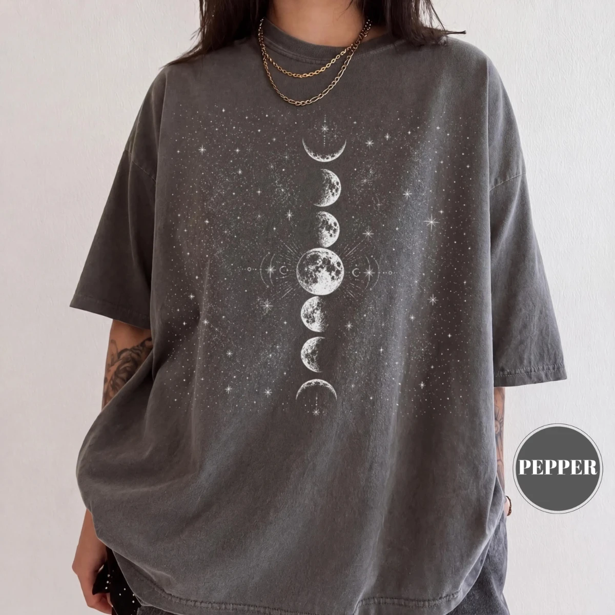 Retro Moon Phase Astronomy T-shirt, Starry Sky T-shirt, Mysterious Moon Phase Cycle Top, Witch Gift, Loose Clothing