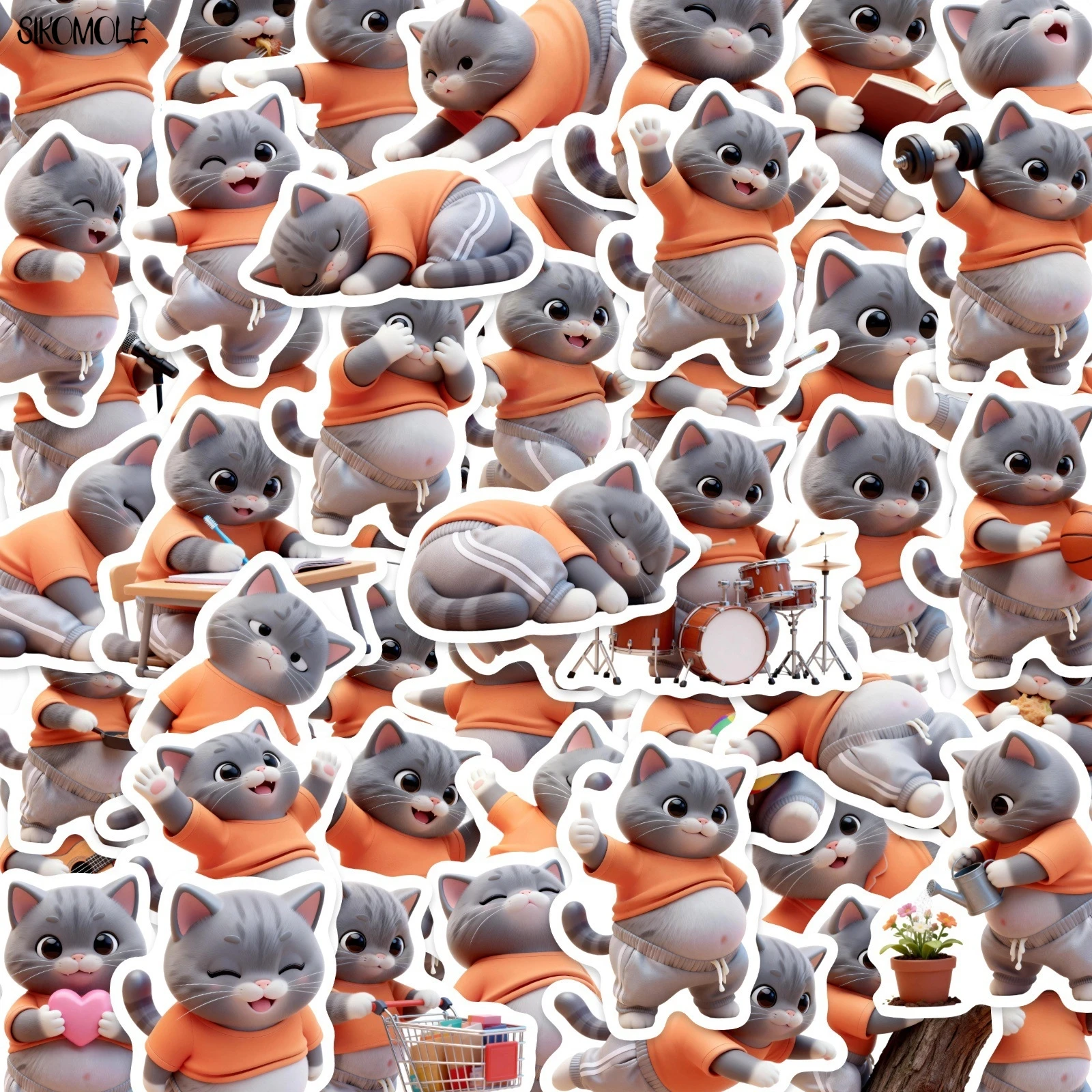10/50PCS Cartoon Cute Grey Cat Anime Stickers Book DIY Skateboard Kids Toys Guitar Luggage Suitcase Decoration Graffiti Sticker