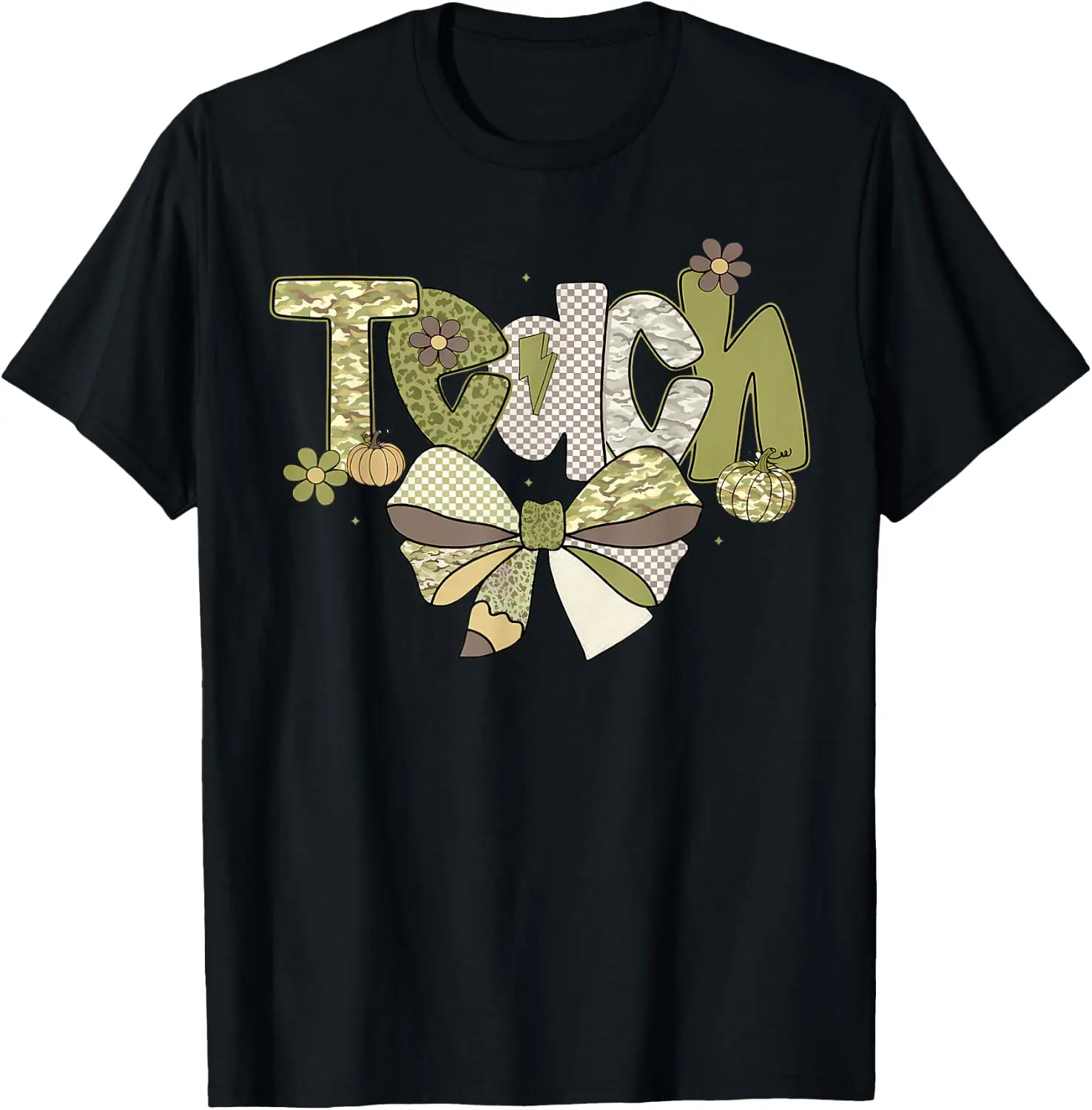 Camo Teach Coquette Bow Retro Camouflage Teacher T-Shirt 100% Cotton Trendy Y2K Short-Sleeve Tee-Soft, Quick-Drying,