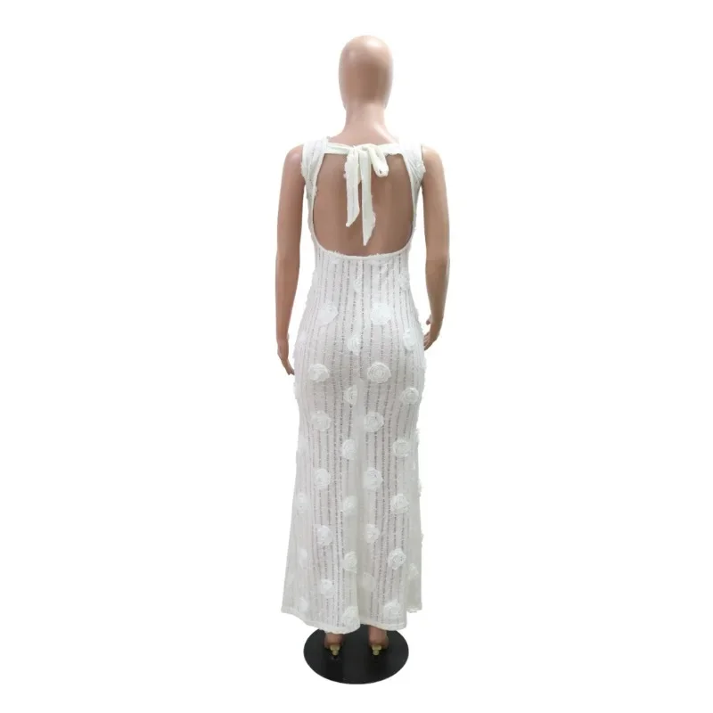 Elegante Sexy 3D flores ceñido al cuerpo Maxi vestido de fiesta de noche mujeres Blanco sólido sin mangas con cordones sin espalda ajustado vestido largo de cumpleaños