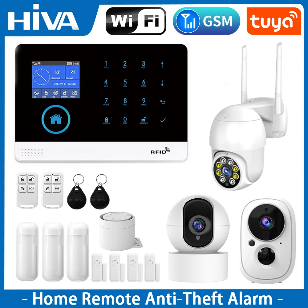 HIVA Wireless Home Alarm System Tuya Smart Home APP Control 433MHz WiFi GSM Wireless Alarm System For Home Burglar Security