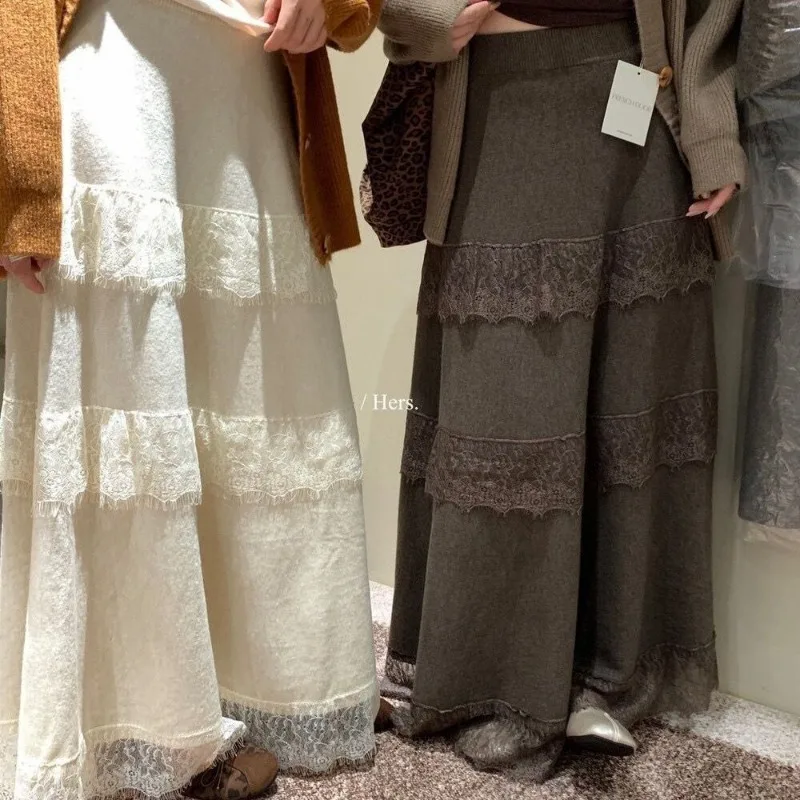 Women Korean Style Lace Spliced Knit Midi Skirt Elegant Versatile Slim Fit Mid Length Skirt For Autumn