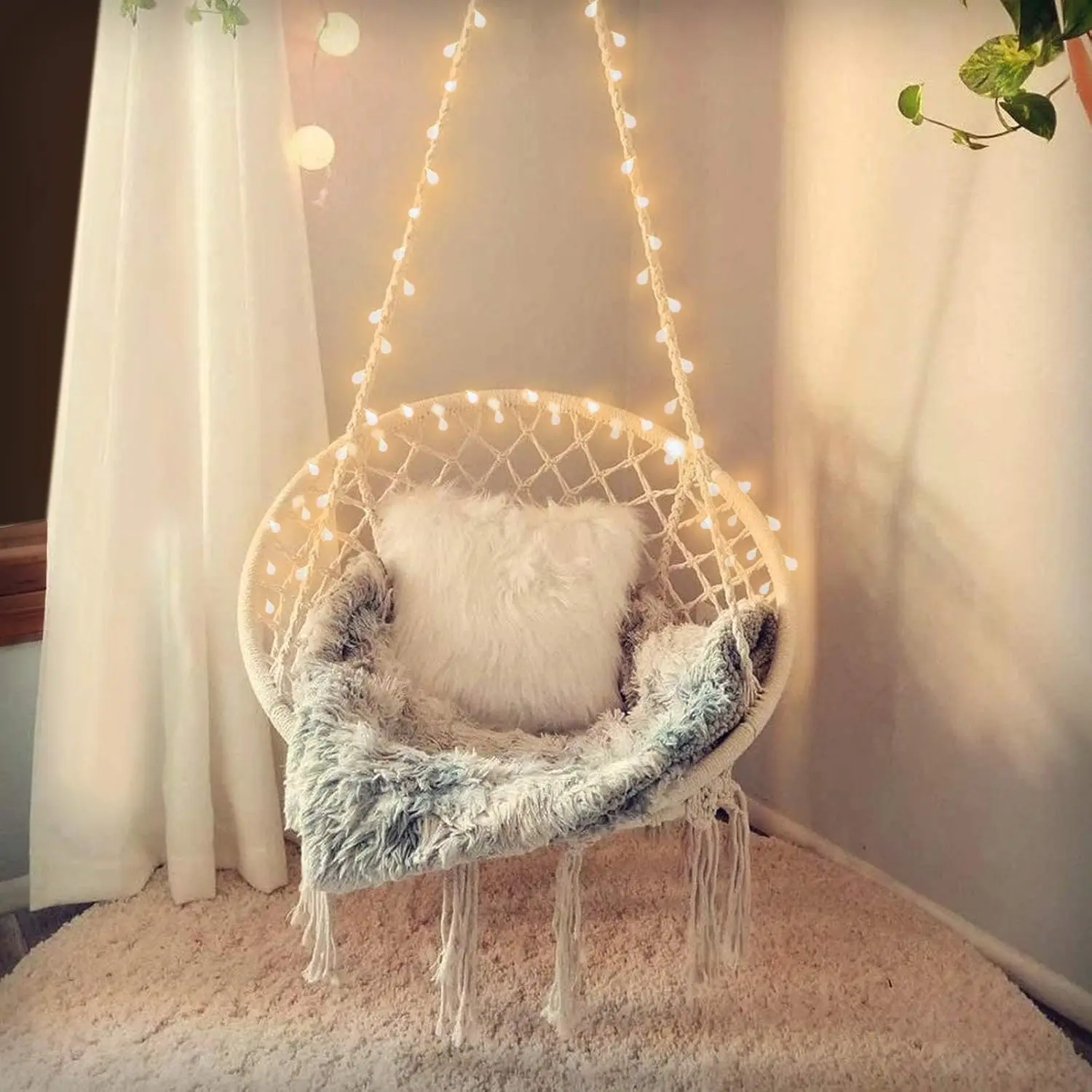 

Macrame Hanging Chair with Lights, Supports 550Lbs, Easy Install for Bedroom Patio Garden