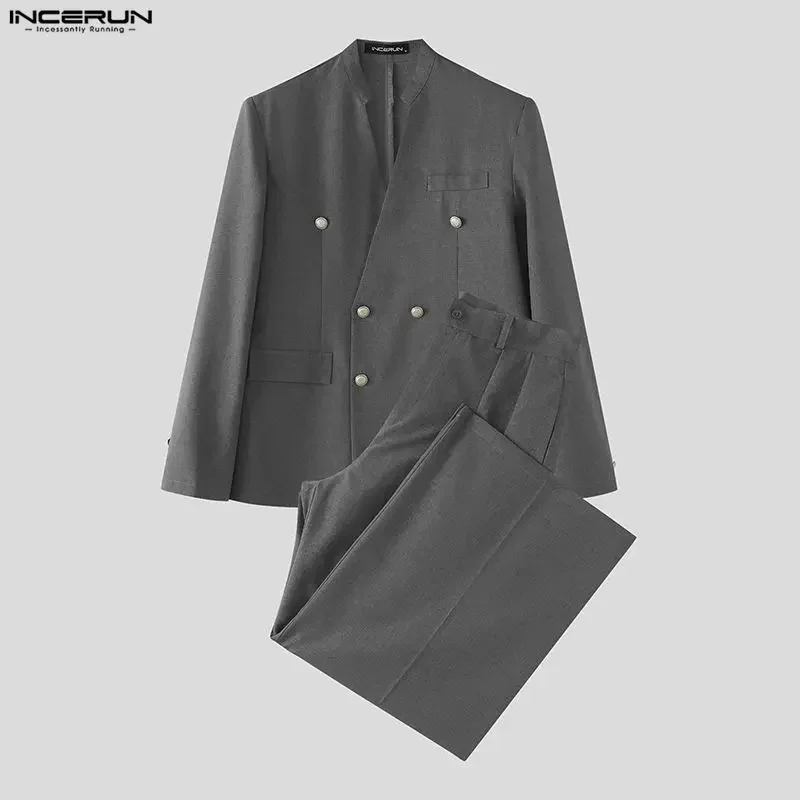 INCERUN Men's Sets Solid Color V Neck Long Sleeve Blazer Pants Two Piece Sets Elegant Streetwear 2026 Fashion Men Matching Sets view 4