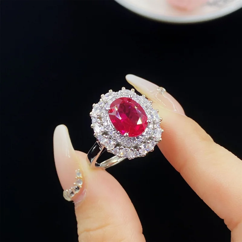 

High-end Oval Red Corundum Fashion Three-piece Full Diamond Open Ring Women's Elegant Pendant Earrings Set