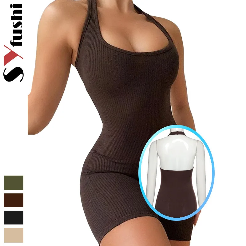 

2025 Fashion Summer Women's Clothing Solid Color Hollow Neck Sexy Slim Backless One-piece Sports Shorts Europe and America