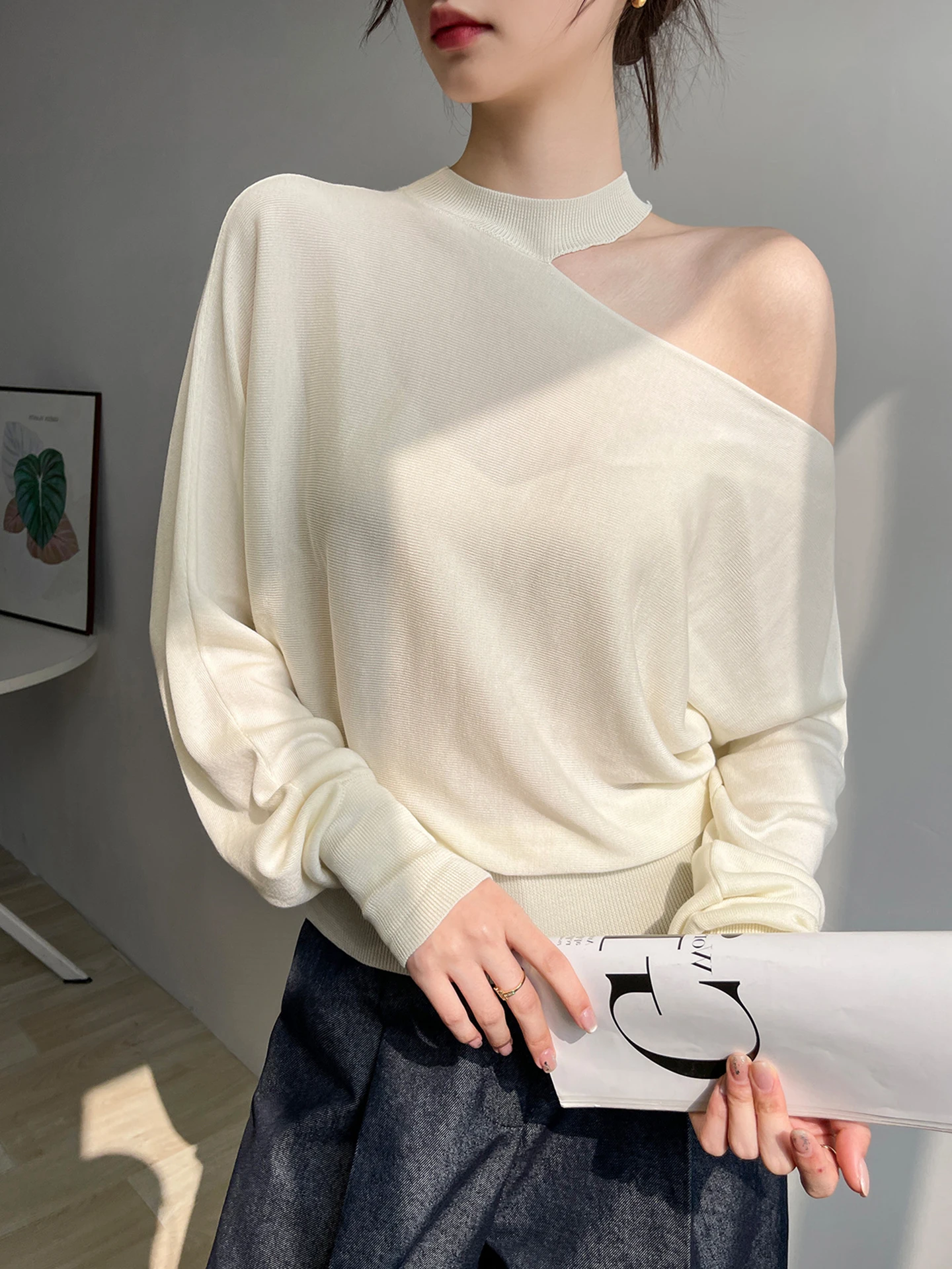 

Ele Pure Color Long Sve Crew Ne Knitwear oulder Bared Base irt Trendy Autumn Faion Ladies' Camere Sweater