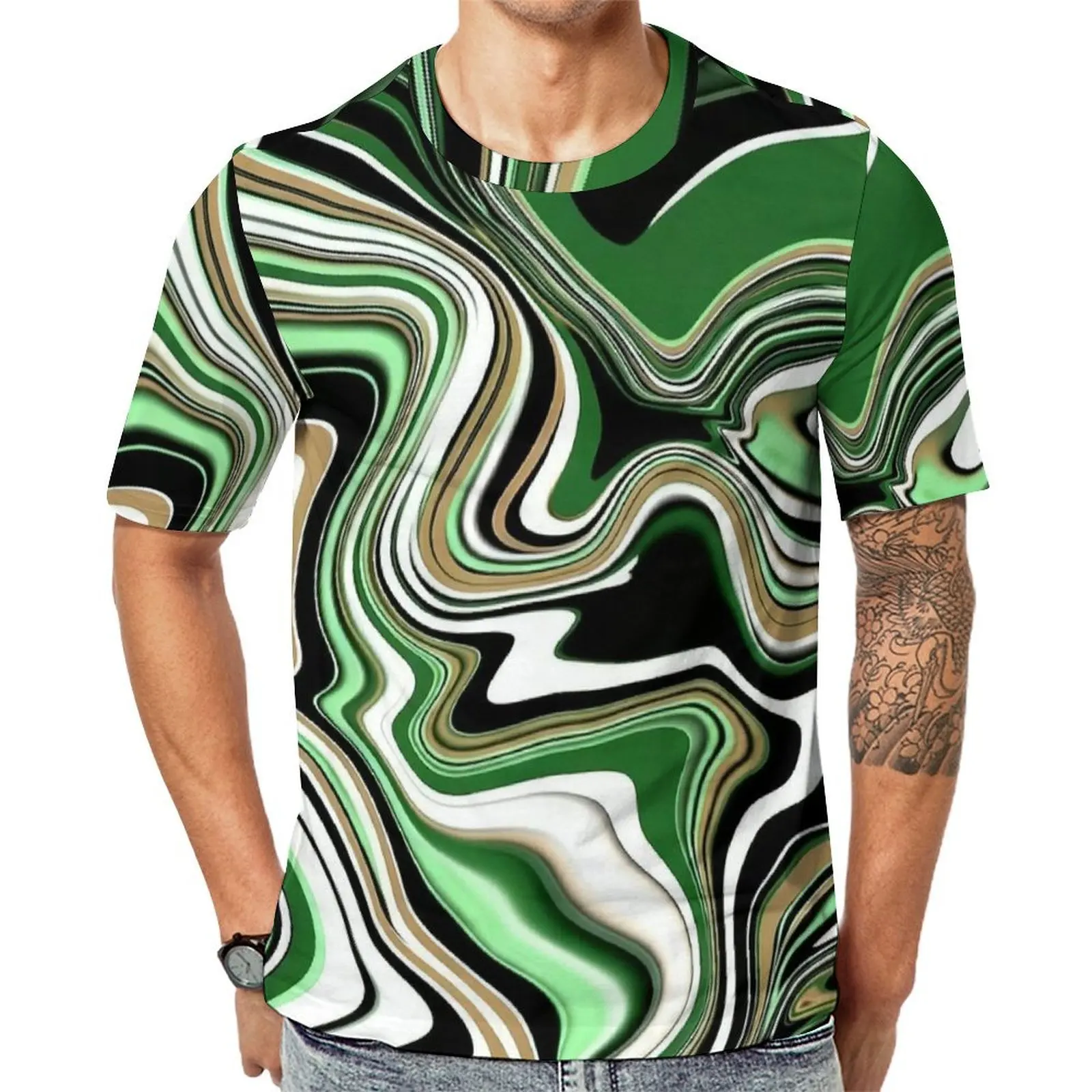 Men Green Retro Liquid Marble T Shirt  Vintage T Shirts Short Sleeve Printed Tops Cheap Summer Streetwear Plus Size Clothing