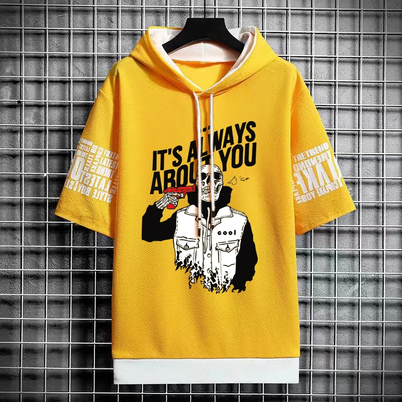 

2024 Summer Men's Sweatshirts Fashion High Street Men Clothing Harajuku Short Sleeve Hoodies Streetwear Print Skull Hooded Tops