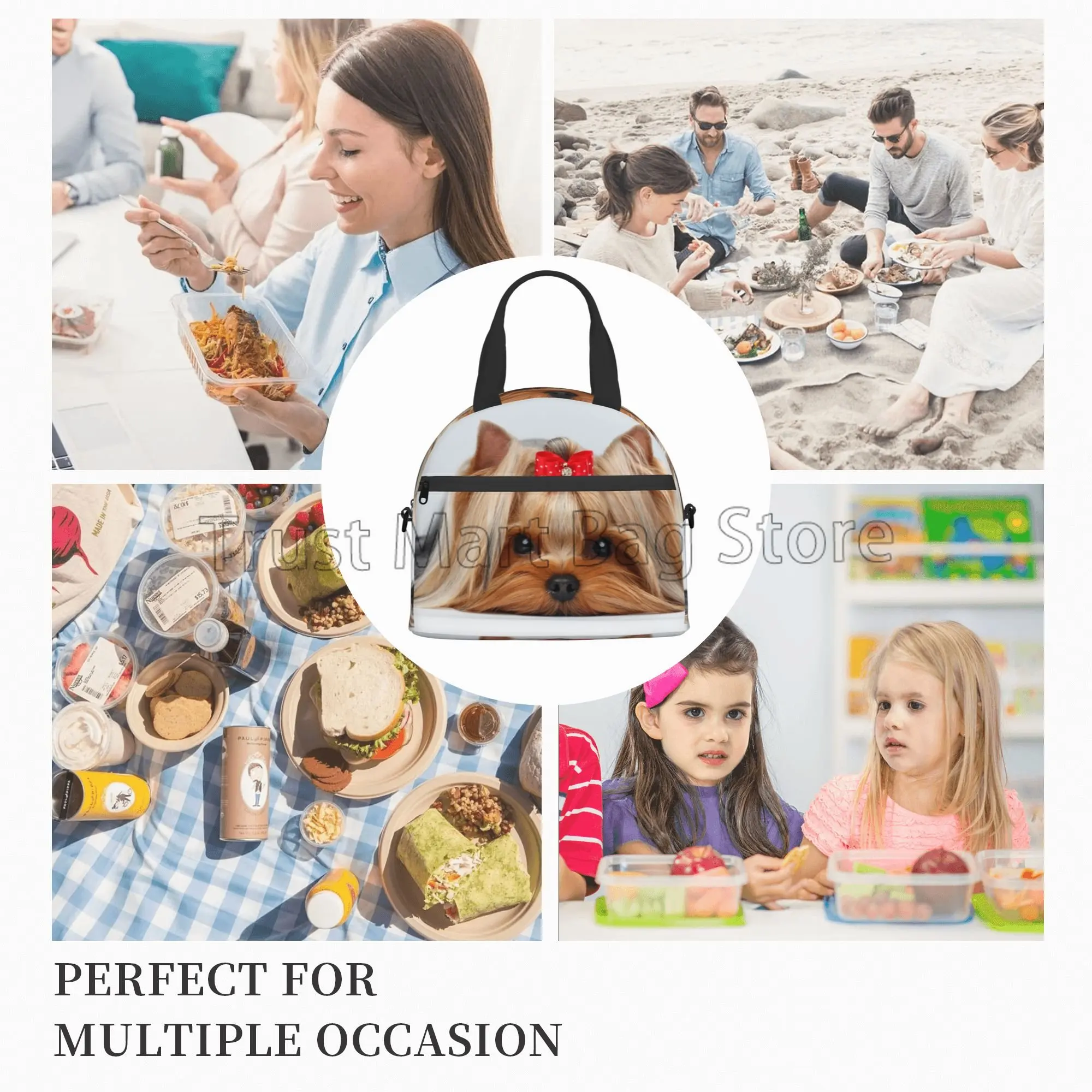 Cute Ribbon Yorkie Reusable Lunch Bag Insulated Lunch Box Tote with Adjustable Strap Leakproof Bento Bags for Work Picnic Beach