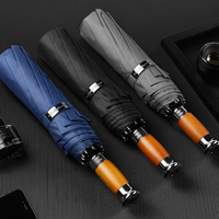 Big Automatic Umbrella Windproof Strong Business Style Folding Umbrella Men Woman, Wooden Handle Large Rain Umbrella Waterproof