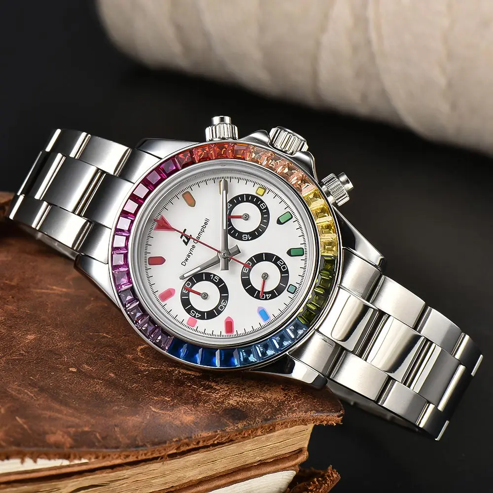 Regenboog Bezel Multifunctionele Quartz Horloges Dwayne Campbell Roestvrij Stalen Horloge VK63 Quartz Saffierglas Horloge Man