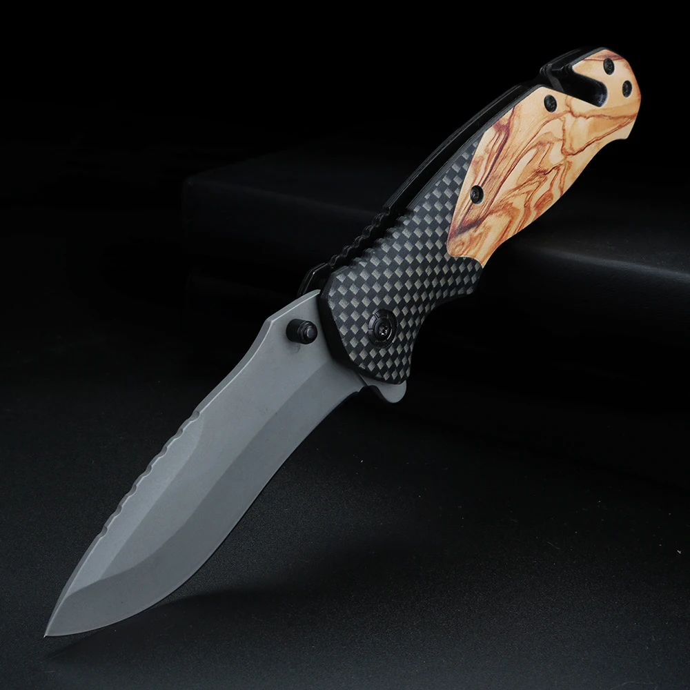 XUANTENG grid wooden handle outdoor folding knife laser pattern high hardness sharp knife camping casual portable pocket knife