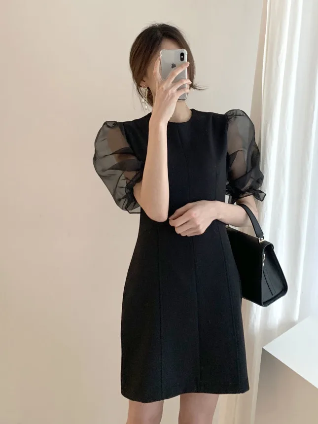 Hebe Sle Spliced Organza Bubble Sve Dr Women's A-Line ort Skirt Waist-Cinching Summer New Arrival Commute