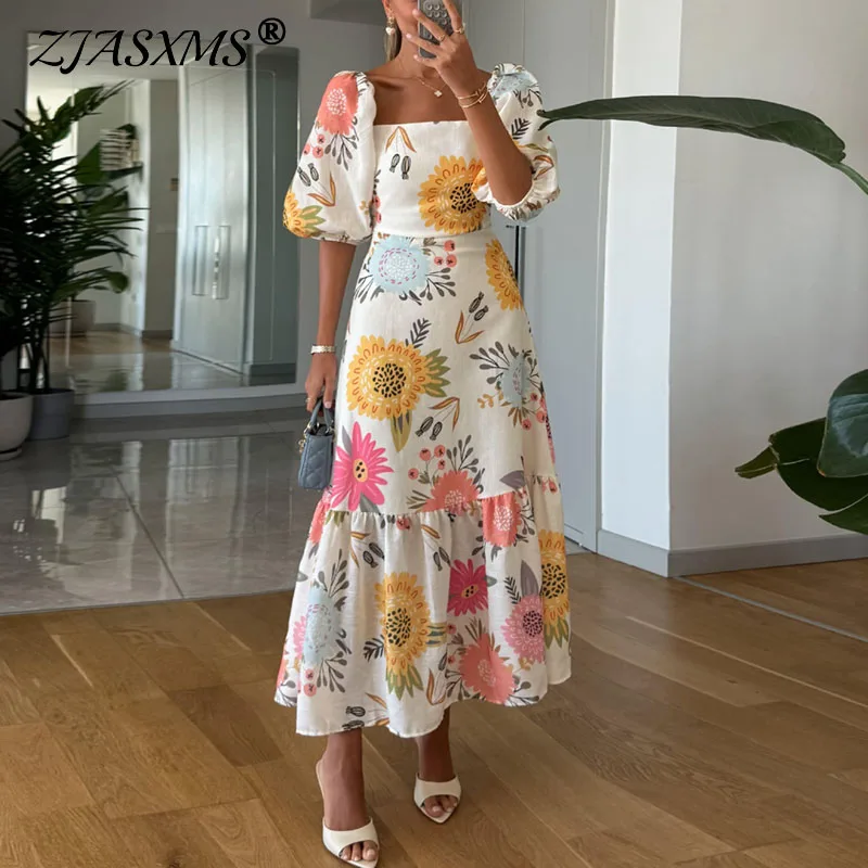 Robe longue plissée à imprimé Floral pour femme, élégante, col carré, manches bouffantes, décontractée, ligne a, style Boho, dos nu, robe de vacances