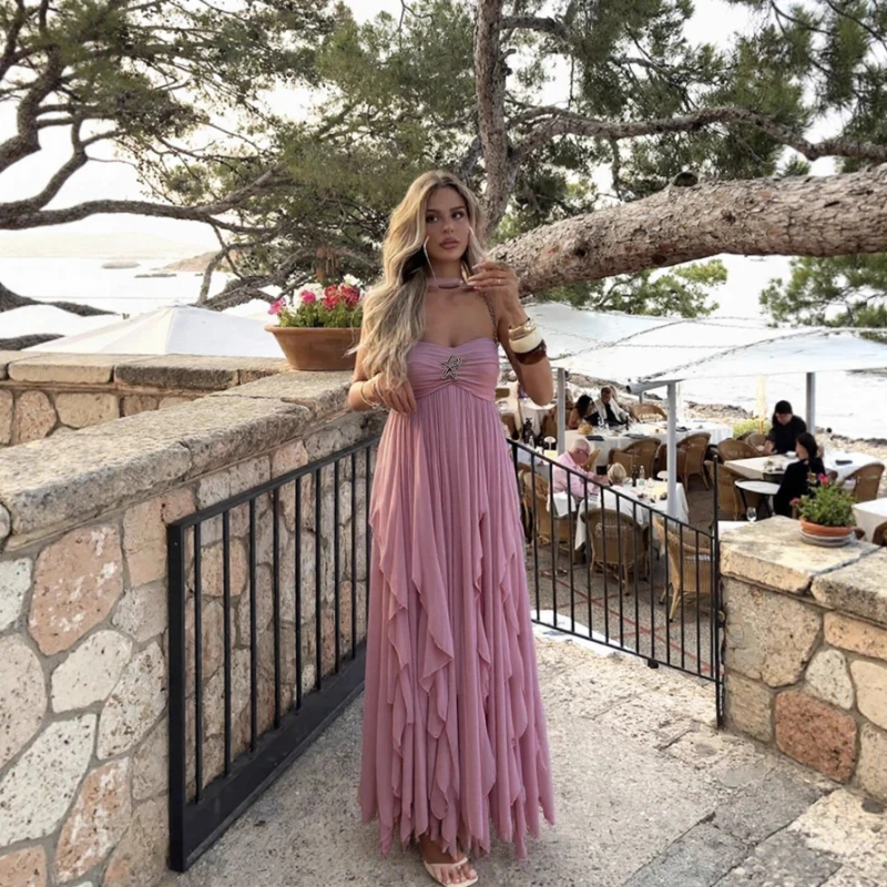 

2026 New Spring Wide Camisole Strapless Sequin Decoration Lotus Leaf Hem Banquet Dress for Women