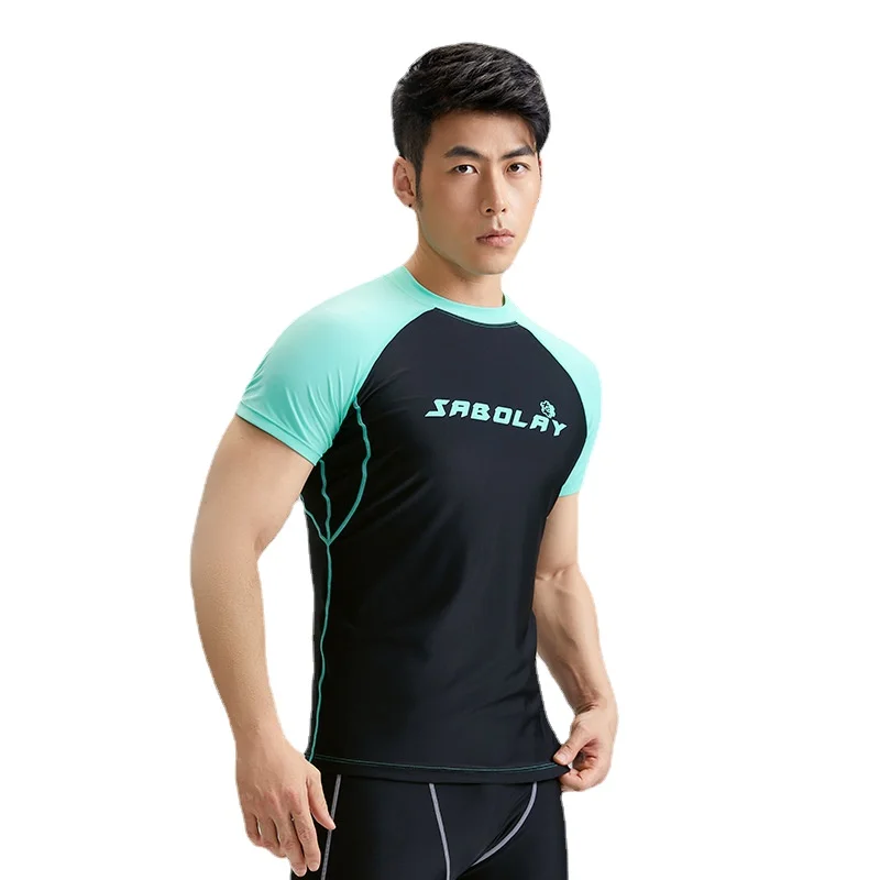 SABOLAY Men Surf Clothing Short Sleeves Sun Protection High Elastic Lycra T-Shirt Rash Guards Tight Fitting Diving Jacket Pants