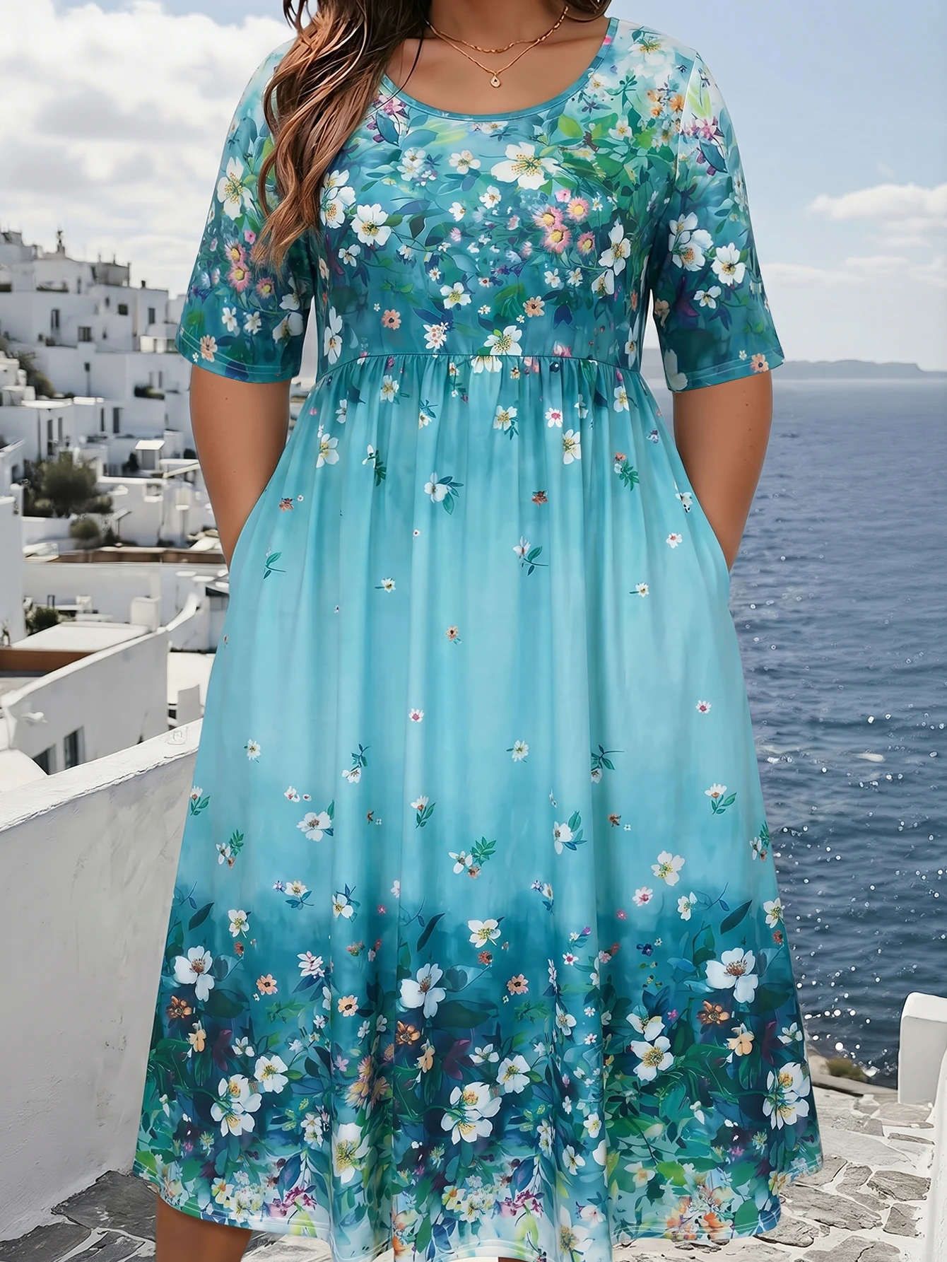 Übergröße Farbverlauf Blumenmuster Babydoll Midikleid Rundhals Halber Ärmel Tasche Kurvig Strandkleid für den Alltag – Detail 2
