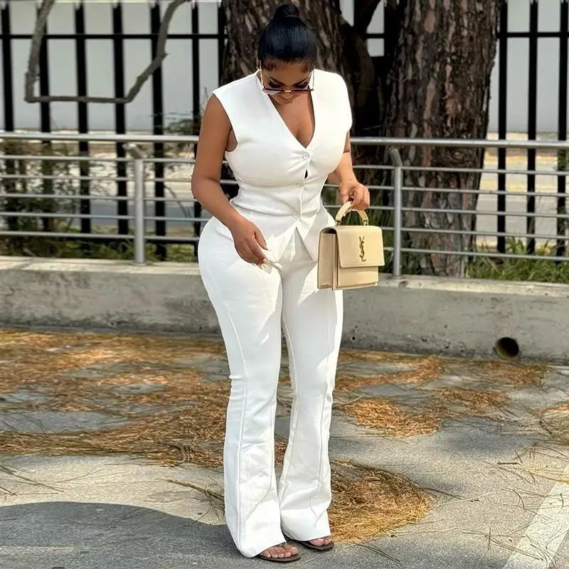 Pure Color Waist-Cinching V-Ne Button-Up Women's Set Casual Sle Mid-Low Waist Umbrella Soldier Pants PVC Fabric PU Material