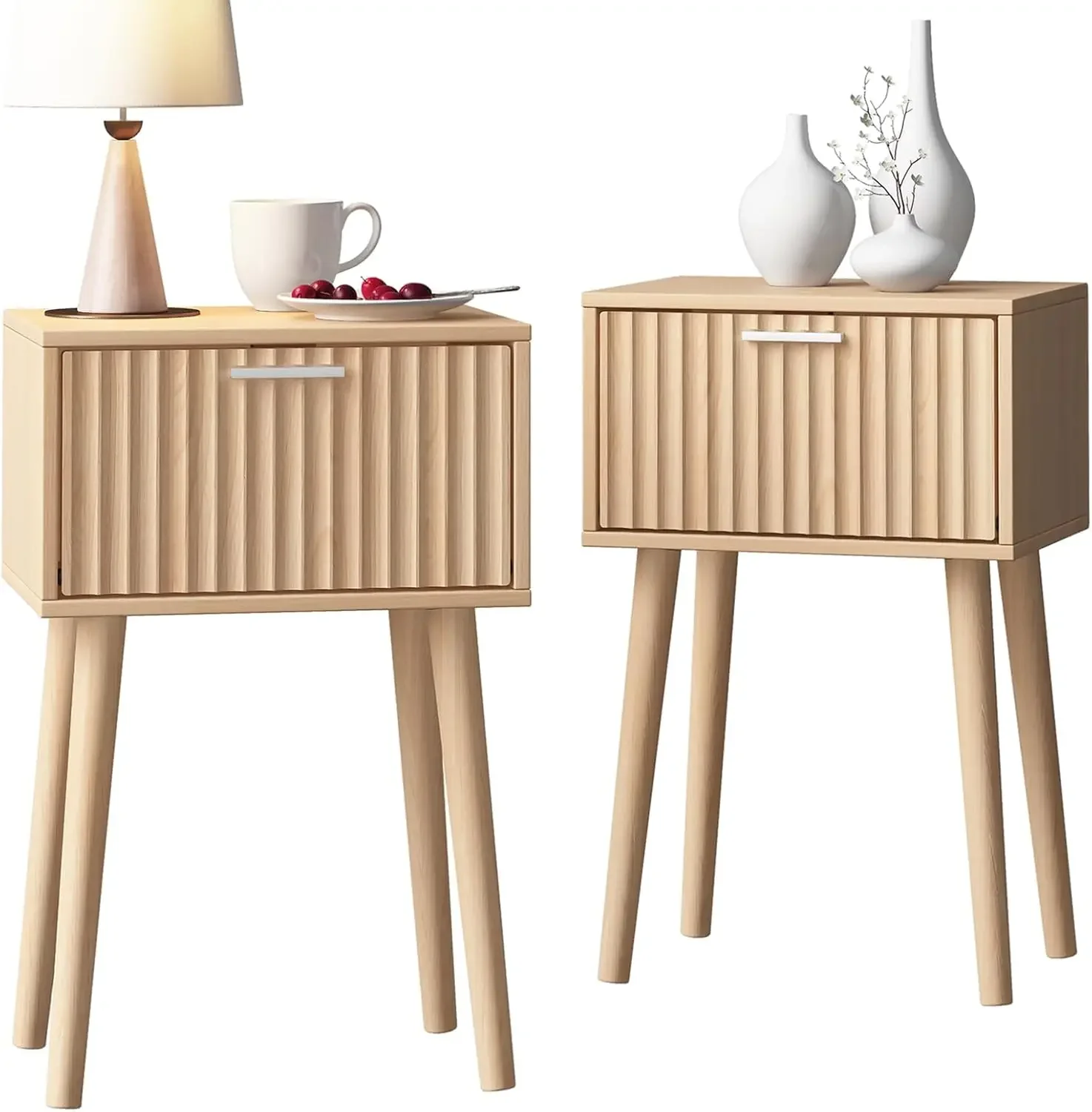 

Nightstands Set of 2, Small Side Table, Bedside Table with Fluted Door, Solid Wood Feet;Modern Mid-Century End Table for Bedroom