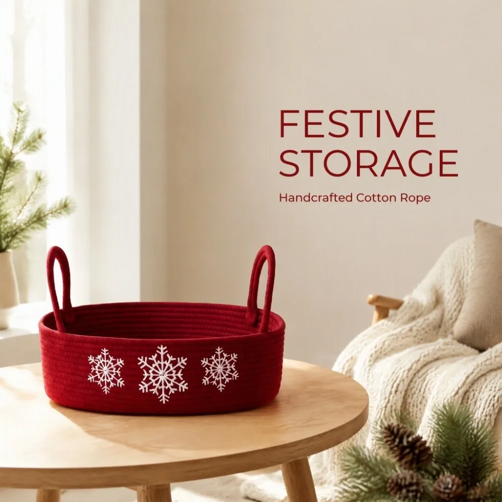 Oval Christmas Snowflake Embroidery Storage Basket Portable Handmade Woven Desktop Storage Basket With Handle