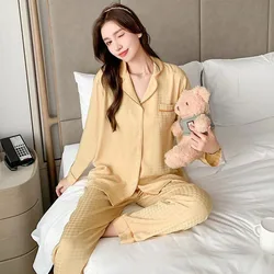 Ice Silk Pajamas for Women Long Sleeve Long Pants Spring Autumn Two-piece Set Luxury Pijamas Fashion Leisure Female Sleepwear