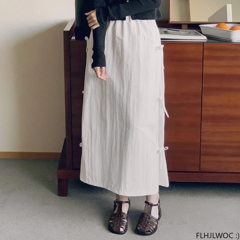 

Cute Skirts Bow Tie Design Chic Korea Style Japan Mori Girls Retro Lace-Up Pockets Split Slit Long Solid White Black Skirt