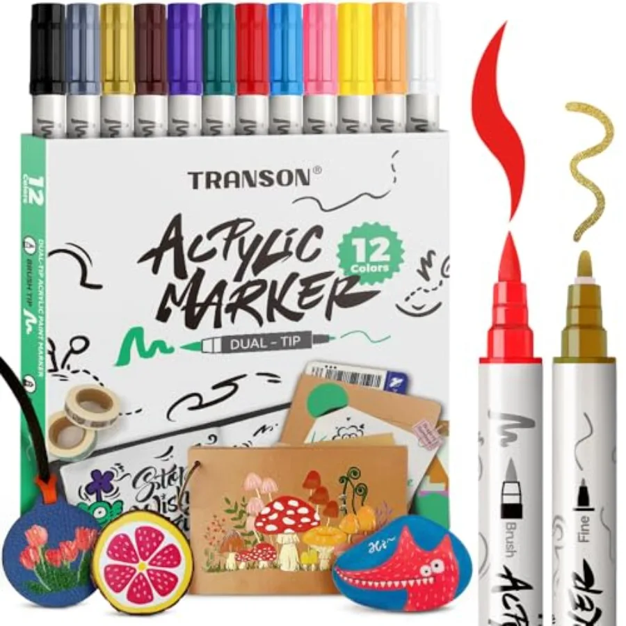 Fine and Brush Dual-tip Acrylic Paint Marker Pen Set for Canvas Rock Wood Leather Ceramic DIY Painting